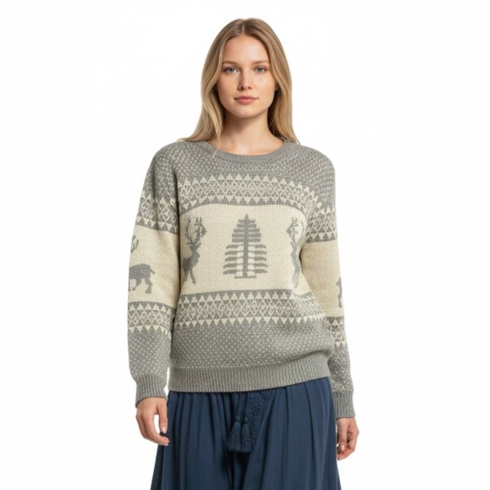 Mak Reindeer  Pine Tree Fair Isle Knit Grey White Sweater Size M